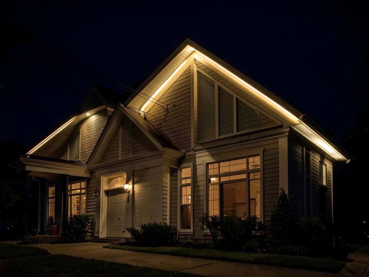 Permanent LED roofline lighting on a home at night