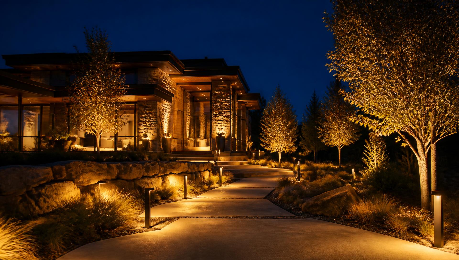 Luxury home with warm LED landscape lighting illuminating trees and a stone pathway at night