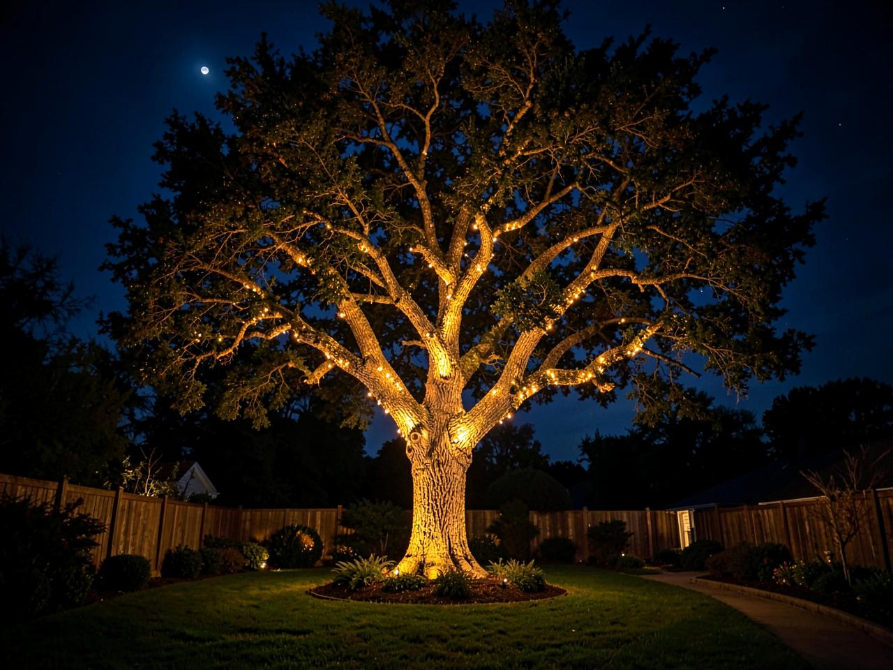Mature tree uplit with warm LED fixtures